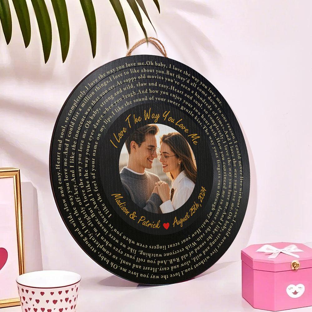 Personalized Vinyl Record Song Lyrics and Photo Round Wood Sign Gift for Lover