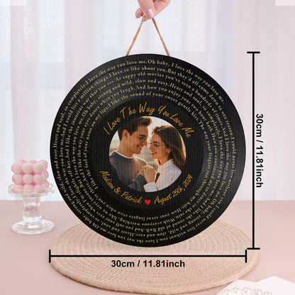 Personalized Vinyl Record Song Lyrics and Photo Round Wood Sign Gift for Lover