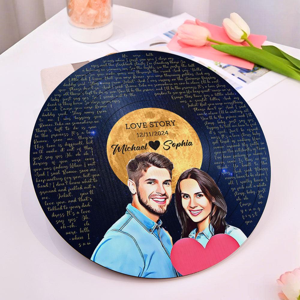 Personalized Vinyl Record Song Lyrics and Portrait Round Wood Sign Gift for Lover