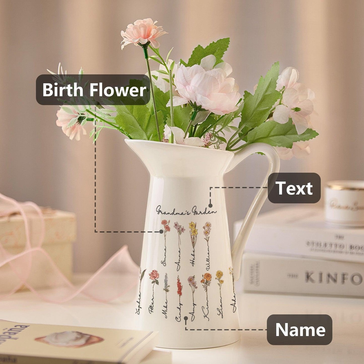 Personalized Birth Flower Ceramic Vase Home Decoration Birthday Gift for Mom Grandma