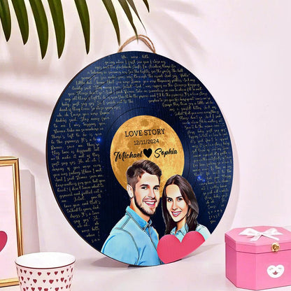 Personalized Vinyl Record Song Lyrics and Portrait Round Wood Sign Gift for Lover