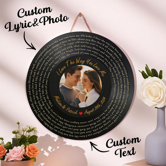 Personalized Vinyl Record Song Lyrics and Photo Round Wood Sign Gift for Lover